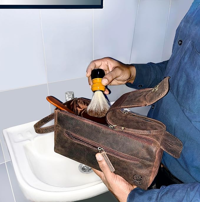 Leather Wash Bag for Men - Travel Toiletry Bag - Shaving Dopp Kit Toiletries Organizer - Leather Makeup Bag for Women