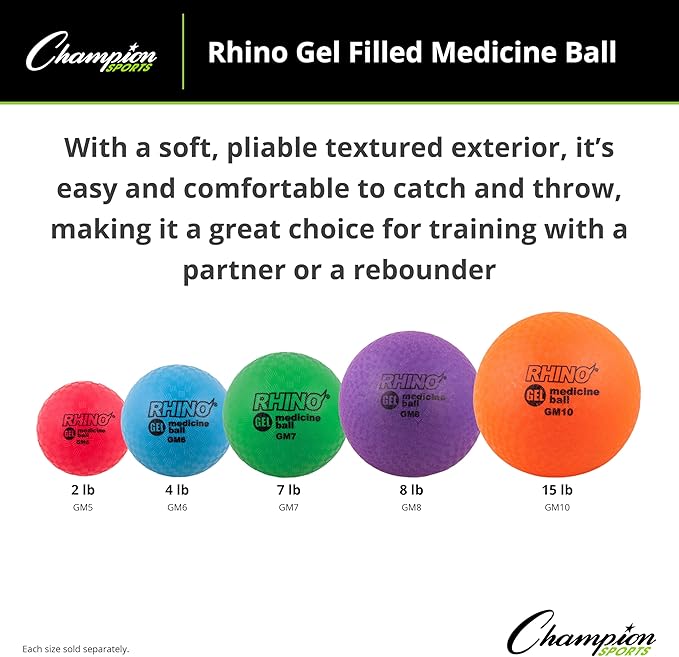 Champion Sports Rhino Gel Filled Medicine Ball – Durable, Soft Grip Weighted Ball for Strength, Cardio, & Rebounder Training – Multiple Weights for Home Gym & Fitness