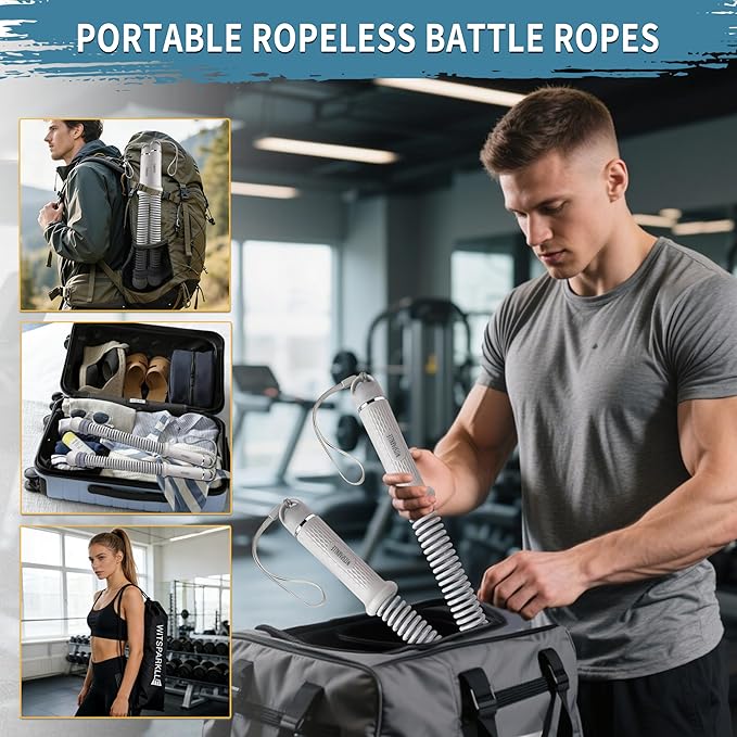 Ropeless Battle Ropes, Adjustable Cordless Battle Ropes with Resistance Springs, Weighted Portable Workout Rope for Home Gym, Low-Impact HIIT Training Equipment for Men & Women (Gray)