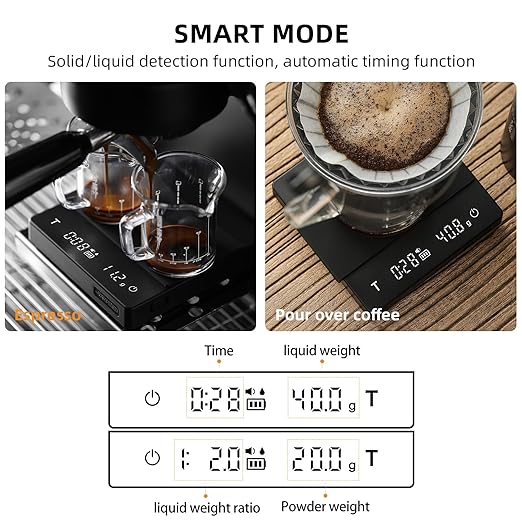 MHW-3BOMBER Espresso Scale with Timer,Small Coffee Scale with Solid-Liquid Detection,Auto Tare Digital Coffee Bean Scale,0.1g Accurate Weighting,2 Mode,Black ES6027B-OS