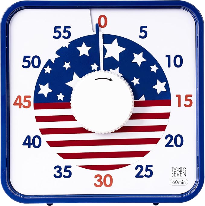 TWENTY5 SEVEN Countdown Timer 7.5 inch; Patriotic 60 Minute 1 Hour Visual Timer, Classroom Teaching Tool Office Meeting, Mechanical Magnetic Countdown Clock for Kids Exam Time Management, Blue