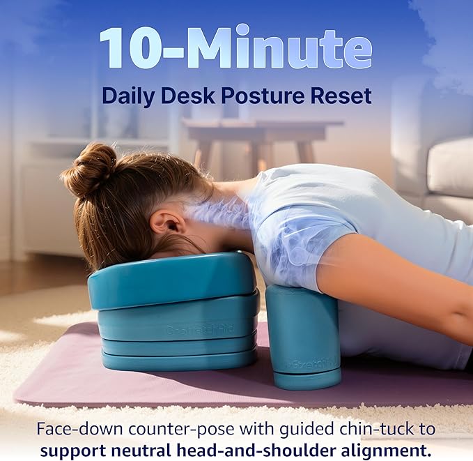 G.StretchAid Neck Hump Corrector, 5-in-1 Face-Down Posture Corrector for Tech Neck & Rounded Shoulders, Neck Stretcher, 4-Level Adjustable Cervical Support, Guided Chin-Tuck, Travel Case
