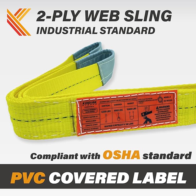 2-Ply Lifting Straps 2”x 12 ft Webbing Sling Tree Saver 2Pack Heavy Duty Web Strap Rigging Moving Towing Hoisting Gear KODIAK STRAPS