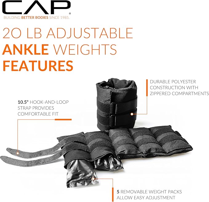 CAP Barbell Adjustable Ankle Weights |10-20lb Pair | Black
