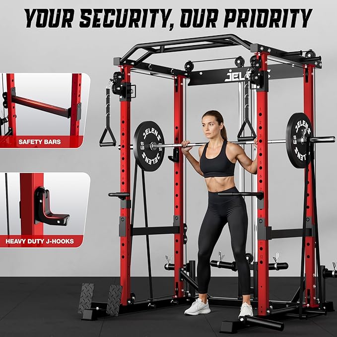 JELENS C12 Squat Rack for Home Gym, 2000LBS Power Rack with Adjustable Pulley System, Power Cage Workout Equipment with LAT Pulldown and Training Attachment