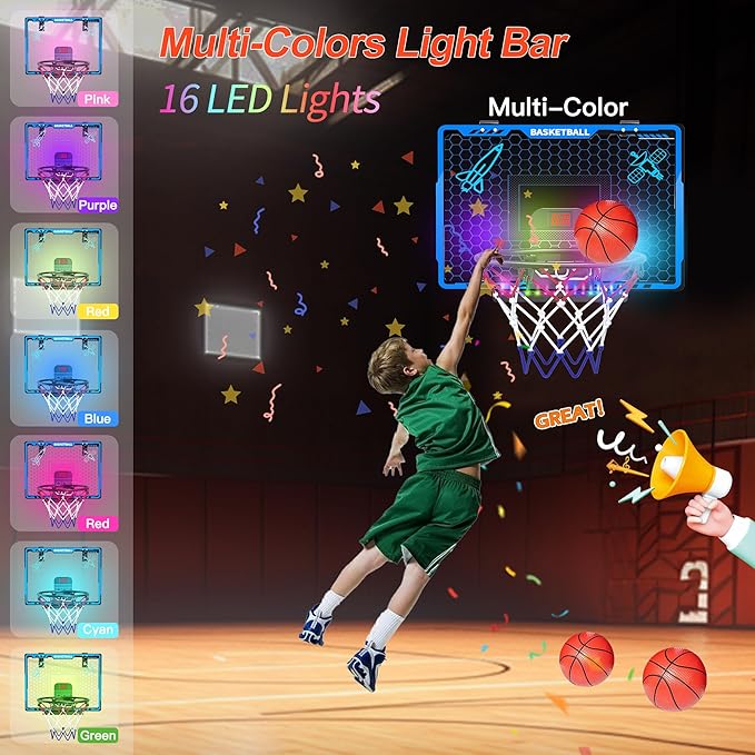 Awsoo Indoor Basketball Hoop for Kids, Mini Basketball Hoop with Electronic Scoreboard & LED Lights, Over The Door Basketball Hoop with 4 Balls, Slam Dunk Basketball Toy for Boys Girls Age 3-12 (Blue)