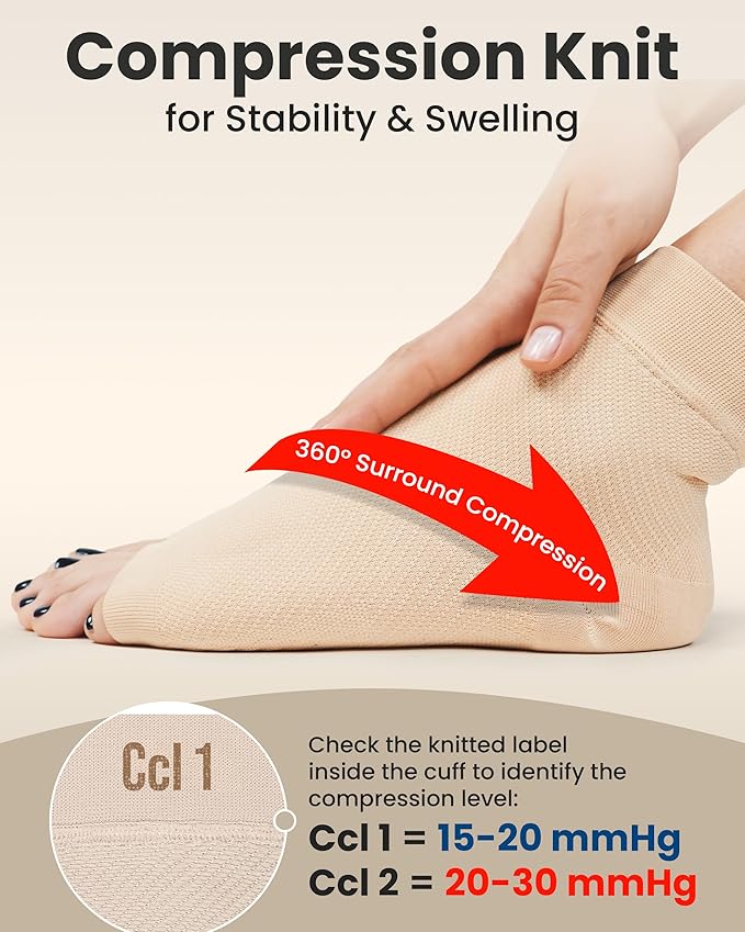 KEMFORD Ankle Compression Sleeve - 2-Pairs, Plantar Fasciitis Braces - Open Toe Compression Socks for Swelling, Sprain, Neuropathy, Foot Arch Support for Men and Women - 20-30mmhg, L, Beige