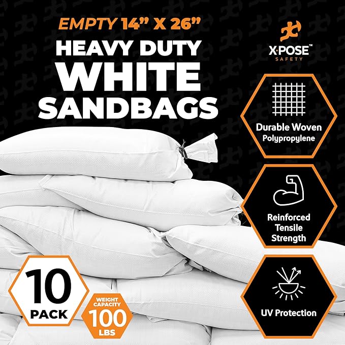 Xpose Safety Heavy Duty Sand Bags with Tie Strings – Empty Woven Polypropylene Sandbags for Hurricane Flood Protection, 100 lb Capacity, 14" x 26", White, Pack of 10