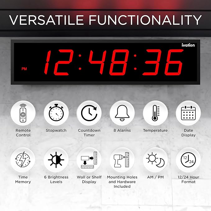 Ivation Huge Oversized 48" Large Digital LED Clock | Big Digital Clock w/Multi-Function Display – Stopwatch, Timer, Alarms, Temp & Date | 6 Brightness Levels, Time Memory & Remote (Red)