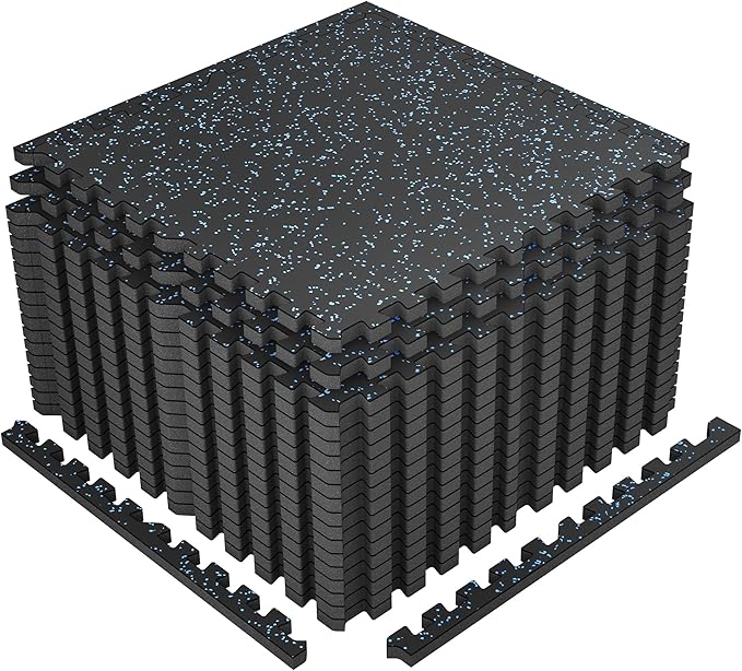 SUPERJARE 1" Extra-Thick Rubber Top Exercise Mat, Puzzle Gym Flooring for Home Gym, Gym Mat for Workout Equipment, Interlocking Floor Tiles with EVA Foam, 18 Pcs 72 Sq Ft, Black/Blue