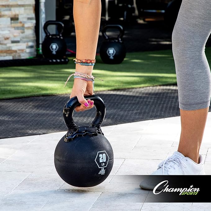Champion Sports Rhino Kettlebell Rubber Weights, Black - Premium Strength Training Equipment - Multiple Weights
