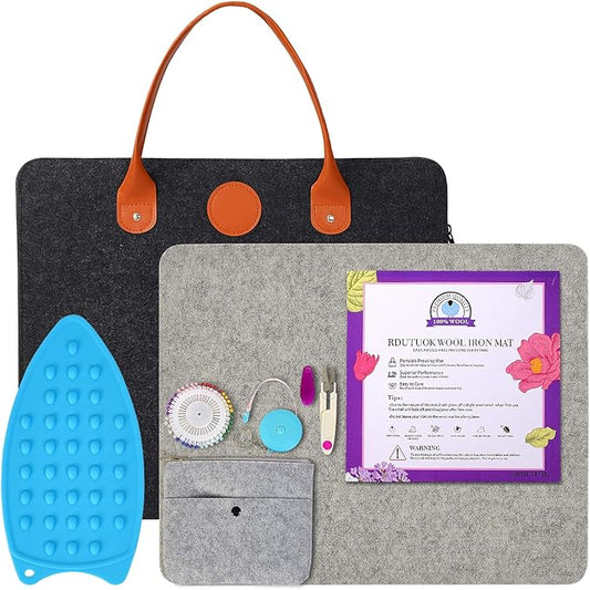 Rdutuok 17“x13.5” Wool Pressing Mat for Quilting with Carrying Case and Silicone Iron Rest pad,100% New Zealand Wool Felted Ironing Pad or Quilting Wooly Felted Iron Board for Retains Heat