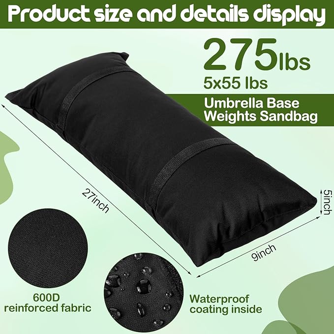 275 LBS Umbrella Base Weights Sandbags, 5 Packs Sand Bags for Weight, Outdoor Weatherproof Fillable Heavy Duty Sandbag for Furniture Patio Umbrella Trampoline Outdoor Garden Backyard