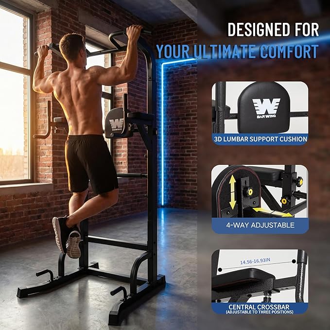 BARWING Pull Up Bar Station, Power Tower, Dip Station with 3D Backrest, Multi-Function Strength Training Stand Rack, Adjustable Height Dip Bar for Home Gym Workout Stand Fitness Exercise Equipment