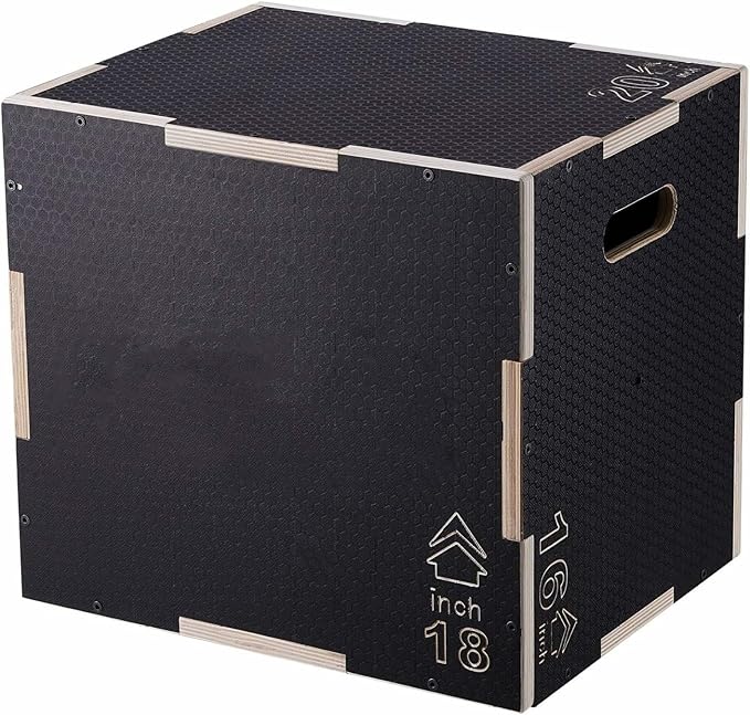 Plyometric Jump Box, 20/18/16 Inch Wooden Plyo Box - 3-in-1 Fitness Step Platform for Agility, Strength, Home Gym Training - Black