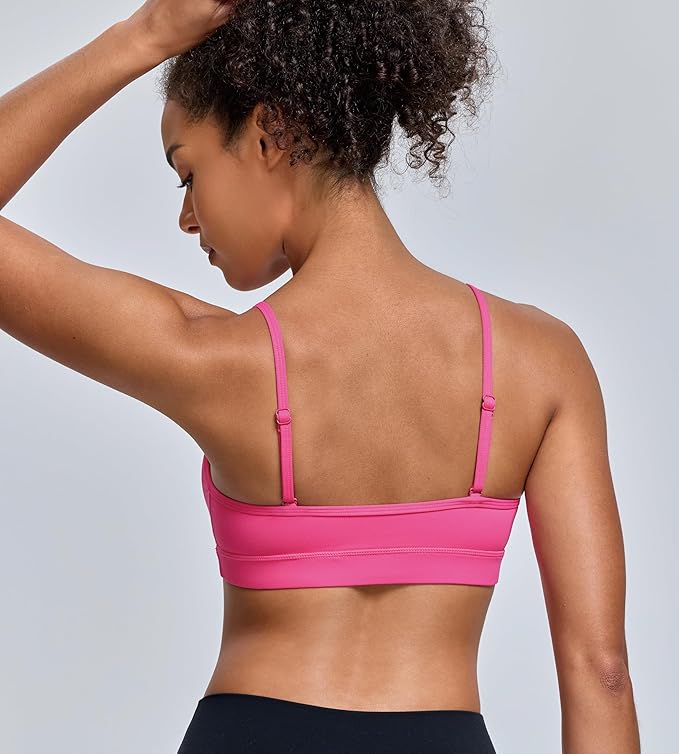 Oalka V Neck Sports Bra for Women Adjustable Padded Thin Straps Wireless Yoga Bras