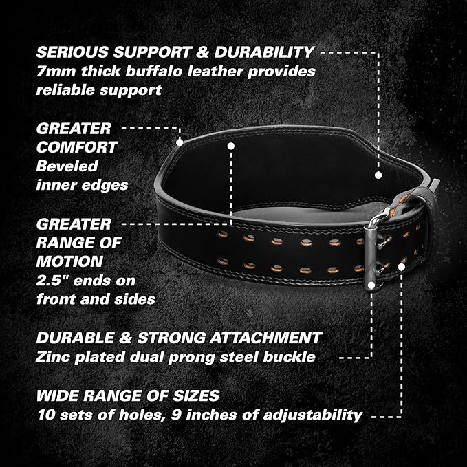 Harbinger 7mm Pro Leather Weightlifting Belt for Squats, Deadlifts, Powerlifting, and Olympic Lifts with Dual-Prong Buckle and Adjustable Fit