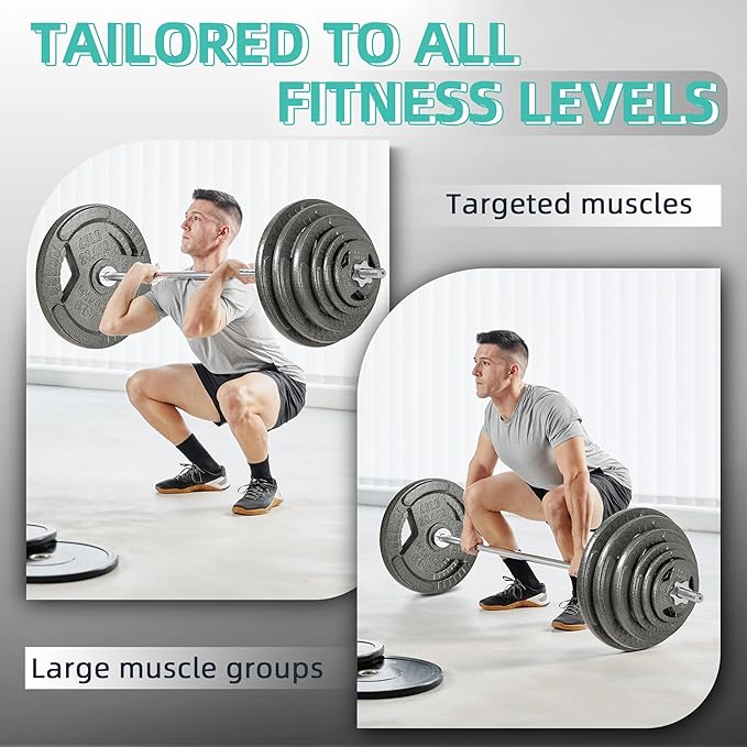 Fitvids Cast Iron Standard Weight Plates Including 5FT Standard Barbell with Star Locks, 45-Pound Set (35 Pounds Plates + 10 Pounds Barbell), Multiple Styles