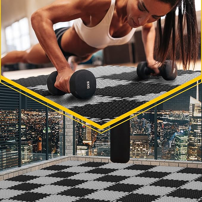 Ecally 100 Pcs 12 x 12 Gym Mat Foam Floor Mats for Home Gym Covers 96 Sq Ft Puzzle Exercise Square Interlocking Carpet Tiles with Border for Workouts Equipment Yoga Pilates (Black,Gray)