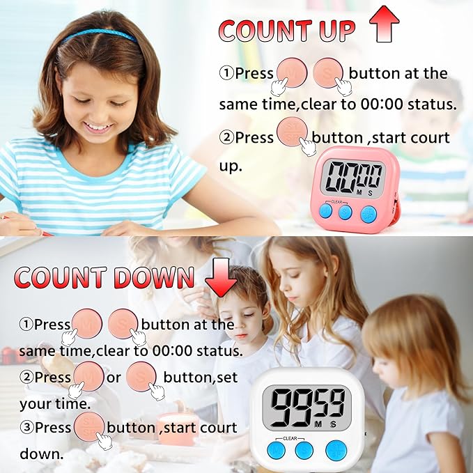 Timer for Kids Teachers Digital Kitchen Timers for Cooking Large Magnetic Classroom Timer 12Pack-White Pink