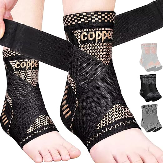 JIUFENTIAN Copper Ankle Brace Adjustable Compression Sleeve (Pair)-Ankle Support Heel Brace for Achilles Tendonitis, Plantar Fasciitis-Eases Swelling and Sprained Ankle(Large)