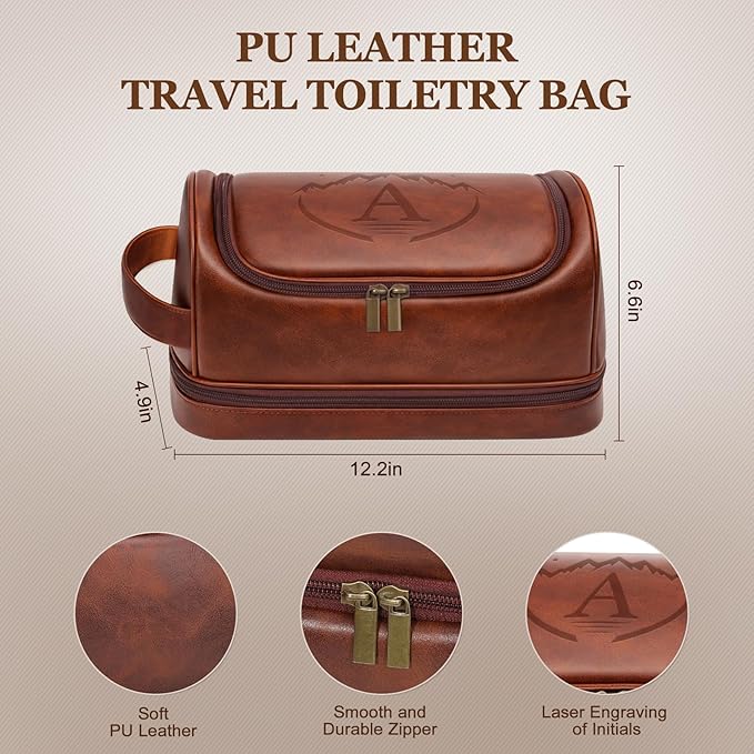 Mens Toiletry Bag for Travel,PU Leather Travel Toiletries Bag,Waterproof Toiletry Shaving Kit for Men,Personalized Gifts for Men Father's Day Birthday (A)