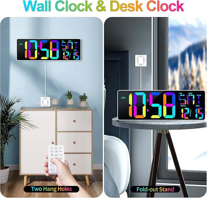 Large Digital Wall Clock Large Display 17.2" Big Digital Timer with 9 Groups Timer Remote Control for Gym Classroom 10 Colors Available for LED Wall Clock with Temperature Date Week DST Dynamic RGB