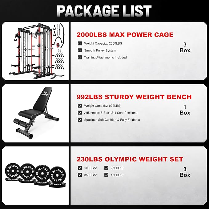 JELENS Smith Machine for Home Gym, Multi-Function M12 Power Cage with Cable Crossover System, Squat Rack with Smith Bar and More Attachment