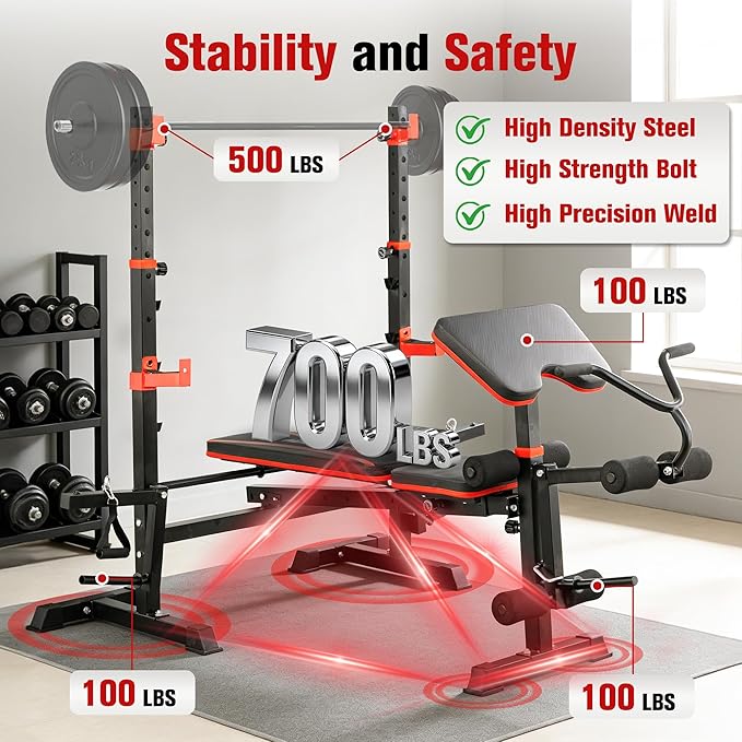 Foldable 1500LBS 8 IN 1 Olympic Weight Bench Set with Squat Rack, Leg Extension/Curl & Preacher Curl, Adjustable Bench Press Set with Safety Bar Catches for Home Gym Full Body Workout