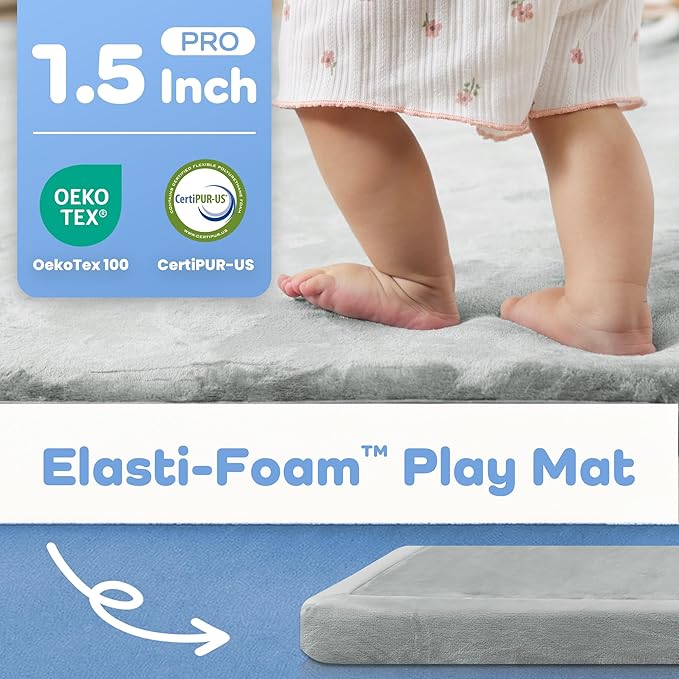 1.5" Thick Padded Baby Play Mat for Floor Tummy Time, Pro Soft Foam Activity Playroom Playmats, Easy Care with Non-Slip Safe for Infant Toddler Kids Crawling 39"x 59" (Light Grey)