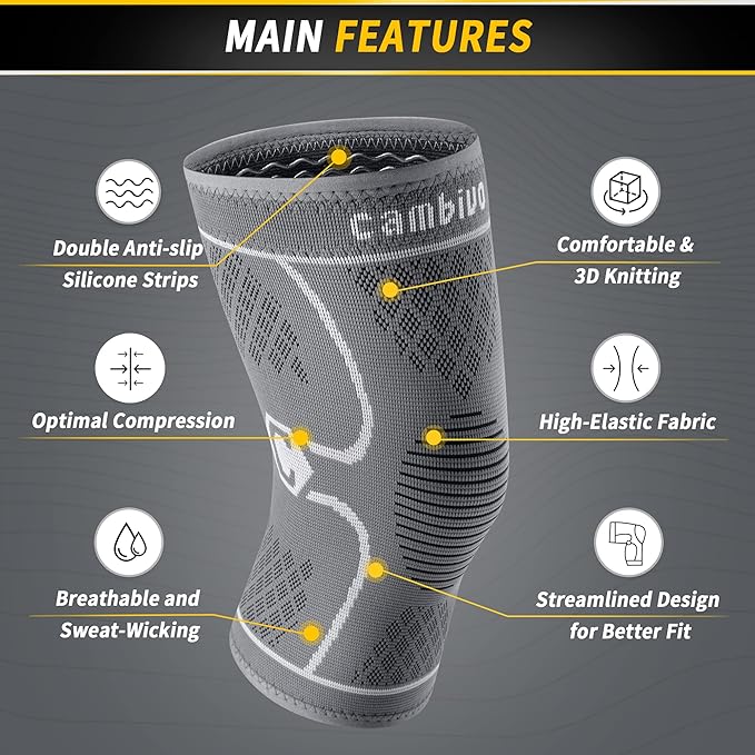 CAMBIVO 2 Pack Knee Brace, Knee Compression Sleeve for Men and Women, Knee Support for Running, Workout, Gym, Hiking, Sports (Cool Gray,Large)