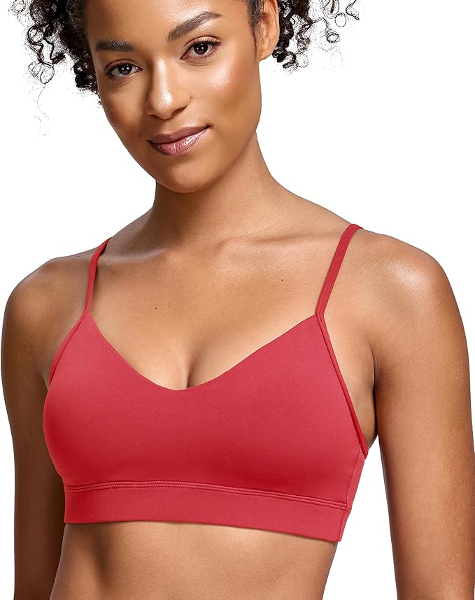 Oalka V Neck Sports Bra for Women Adjustable Padded Thin Straps Wireless Yoga Bras