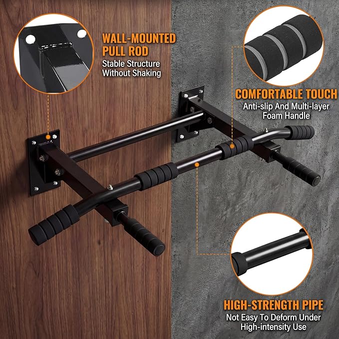 Pull Up Bar Wall Mounted - Multifunctional Wall Mounted Pull Up Bar for Home Gym, Workout Strength Training Equipment, Chin-Up Bar with 2 Suspension Anchors