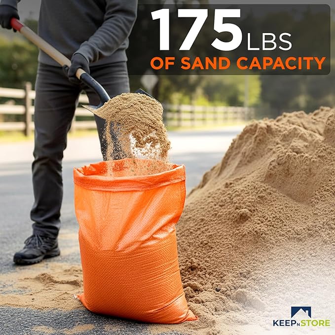 Heavy Duty Sand Bags Pack of 5, Bright Orange Empty Sandbags with Built-In Ties, Woven Polypropylene UV Protection 1600 Hours, Fillable Bags for Flood Control, Weight, 36x48 inches, 175 Pounds Volume