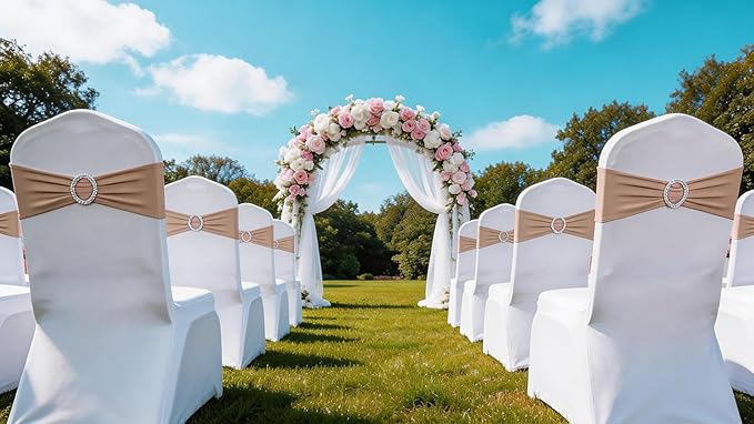 Pack of 50PCS Spandex Chair Sashes Bows Elastic Chair Cover Bands Slider Buckles for Wedding Reception Banquet Bridal Shower Decorations - Nude/Camel/Khaki