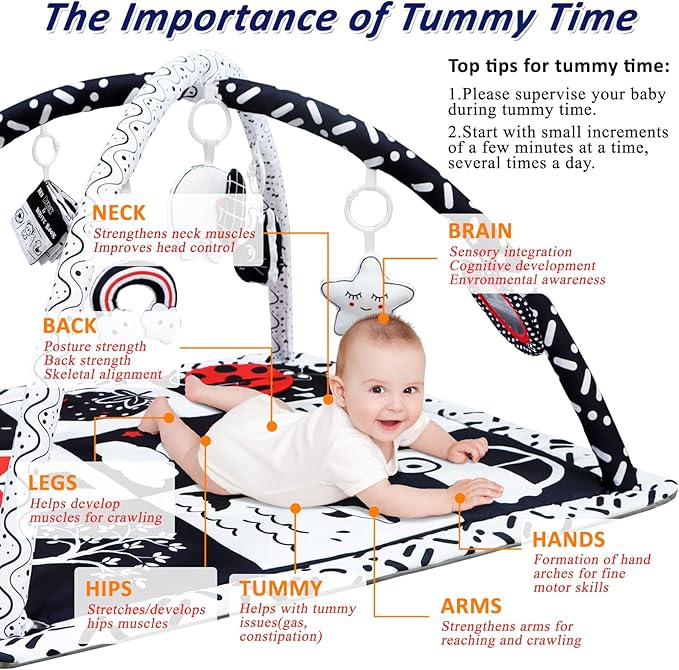 Poycuna Black and White Baby Gym Play Mat with 6 Toys Tummy Time Activity Mat for Babies 0-6 6-12 Months High Contrast Baby Gyms & Playmats Sensory Toys Newborn Brain Development Infant Play Mat