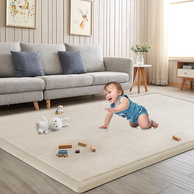 Baby Play Mat for Floor Nursery Rug Muscle Mat Area Rug Playroom Rug 47"x47" Playpen Mat Memory Foam 1.3" Thick Crawling Mat for Babies,Toddlers, Infants, Kids,A Beige
