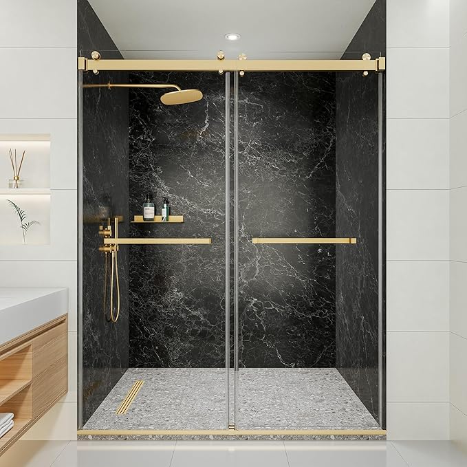 56-60" W x 72" H Frameless Shower Door, Double Sliding Glass Shower Door with 5/16" (8mm) Clear SGCC Tempered, Roller Disc System, 304 Stainless Steel (Brushed Gold, 56-60" W*72" H)