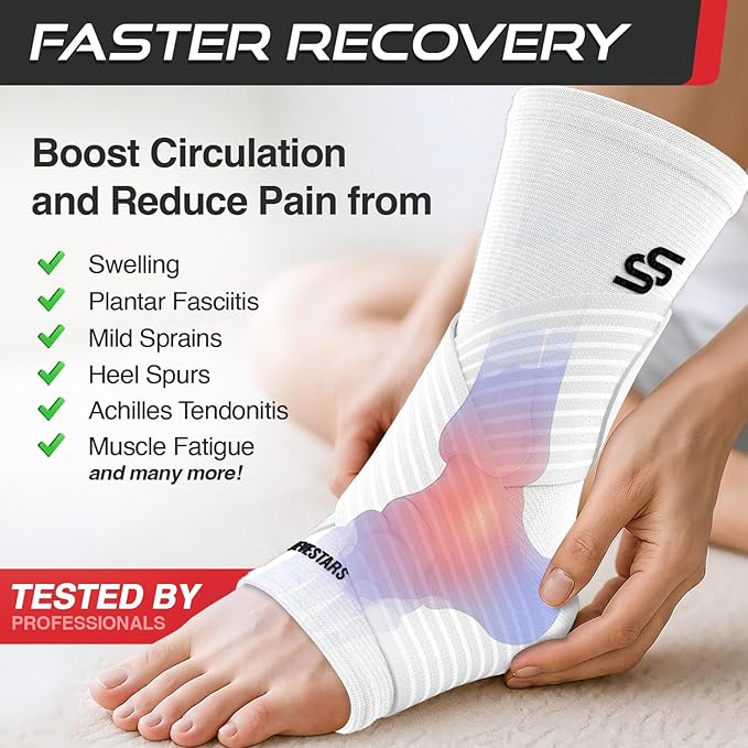 Sleeve Stars Ankle Brace for Women & Men, Ankle Wrap for Sprain, Compression Sleeve for Plantar Fasciitis Relief, Easy Customizable Support: w/ Removable Strap (Pair/M:10"-12"/White)