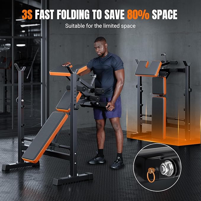 YOLEO 6 in 1 Space Saving Weight Bench with Rack, Fast Folding & Adjustable Workout Bench, Bench Press Rack/Leg Extension/Preacher Curl/Sit Up(1-Step Folding & Easy Assembly)