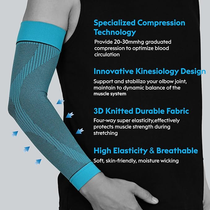 KEKING® Compression Arm Sleeves, Pair, Firm 20-30mmHg Graduated Compression Full Arm Support for Recovery, Pain Relief, Tendonitis, Golfers & Tennis Elbow Brace, Workouts Sports - Latex Free Blue L