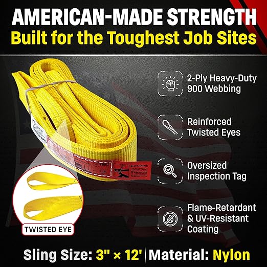 DD Sling 3" × 12' Nylon Lifting Sling – USA Made, 8,900 lb Vertical, 7,200 lb Choker, 17,800 lb Basket – 2-Ply Heavy Duty 900 Webbing, Type 4 Twisted Eye & Eye Rigging Sling