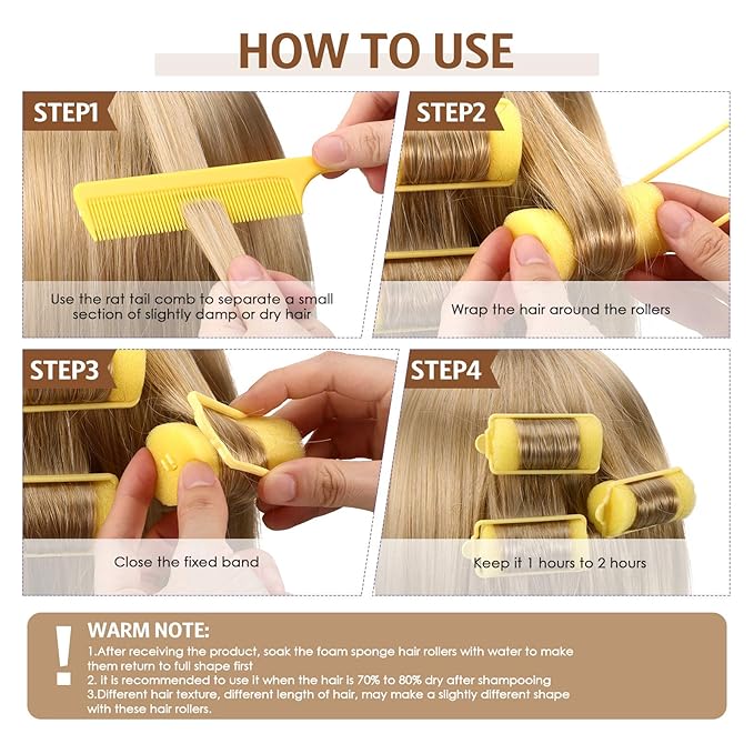 Syhood 48 Pcs Foam Sponge Hair Rollers Soft Sleeping Curlers Flexible Sponge Curler and Rat Tail Comb for Women Hairdressing Styling(Yellow,1.18 inch)