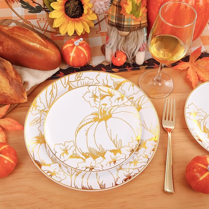 FLOWERCAT 60PCS Thanksgiving Plates & Gold Pumpkin Plates - Including 30PCS 10.25inch Thanksgiving Dinner Plates and 30PCS 7.5inch Dessert Plates for Giving Thanks Theme Party