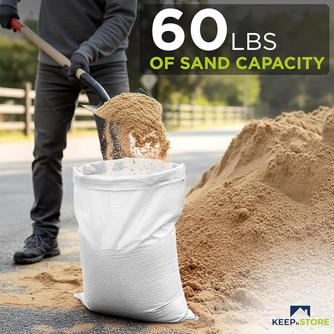 Heavy Duty Sand Bags Pack of 24, White Empty Sandbags with Built-In Ties, Woven Polypropylene UV Protection 1600 Hours, Fillable Bags for Flood Control, Weight, 18x24 inches, 60 Pounds Volume