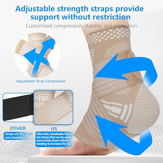 DRNAIETY Copper Ankle Brace for Men & Women - 1 Pair Adjustable Ankle Support Compression Sleeve for Plantar Fasciitis, Achilles Tendonitis, Foot Pain, Swelling, Sprains - Everyday Use (Skin Tone, Large)