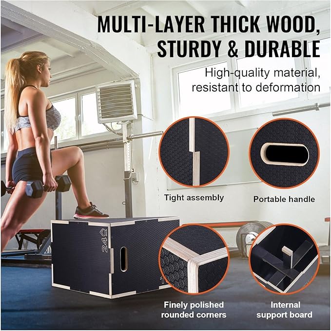 Plyometric Jump Box - 24/20/16 Inch Wooden Plyo Box - Adjustable Fitness Platform for Home Gym, Strength Training & Agility Drills - Black