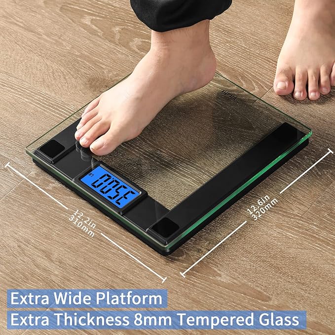 Vitafit 550lb Digital Bathroom Scale for Body Weight and BMI Via Smart APP, High Accuracy Assured by Weighing Professional Since 2001, 8mm Tempered Glass, Extra Large Blue Backlit LCD, Black