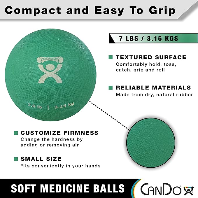 CanDo Soft Medicine Ball 7" Diameter 7lb Green Exercise Ball for Physical Therapy and Fitness Exercises, Easy Grip Rubber Weighted Ball for Workouts