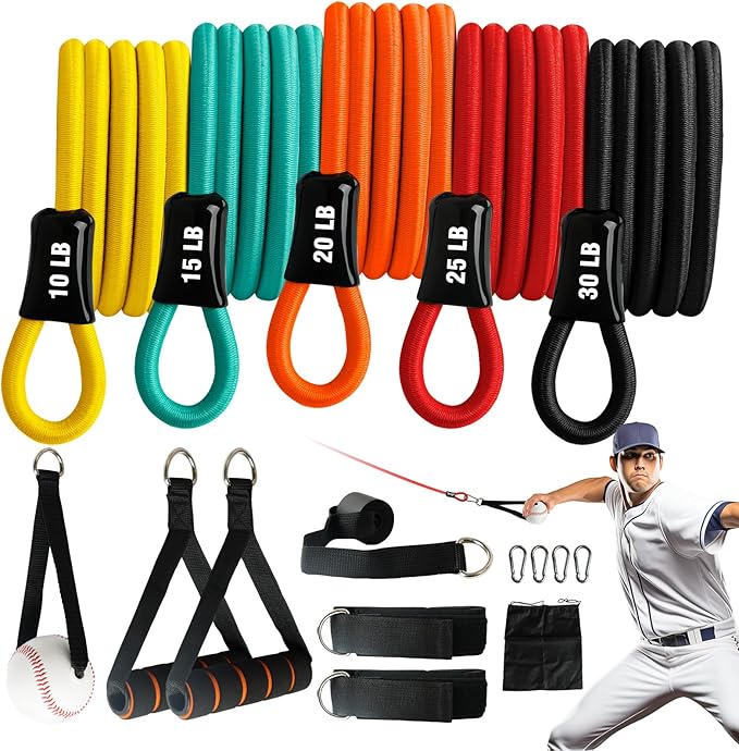 Baseball Bands, 16 Pcs, Highly Elastic & Durable Arm Bands, Resistance Trainer with Interchangeable Grips, Ideal for Training, Warm-Ups & Learning